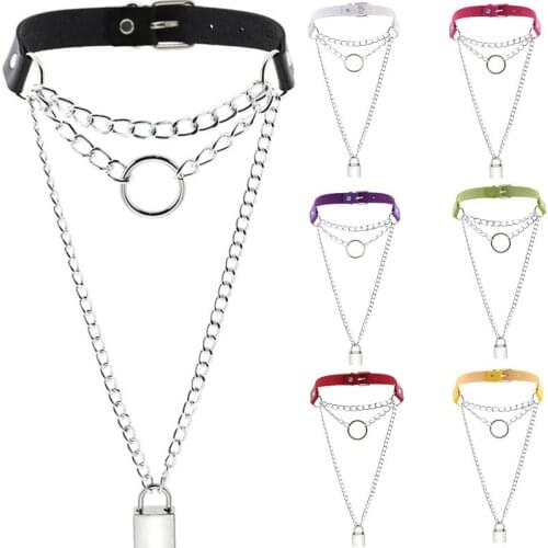 DIEZI 16 Colors Gothic Harajuku PU Leather Round Lock Key Pendant Necklace For Women Punk Vintage Choker Necklaces Anime Jewelry