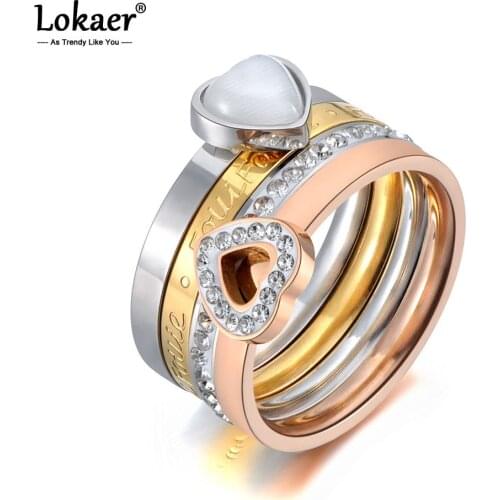 Lokaer Trendy Stainless Steel Fine Ring Jewelry White Heart Opals & Rhinestone Bridal Wedding Engagement Rings For Women R19121