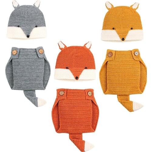 2Pcs Newborn Baby Boys Girls Hand Crochet Fox Hat Pants Outfit Babies Accessories Newborn Photography Props Baby Shower Gifts