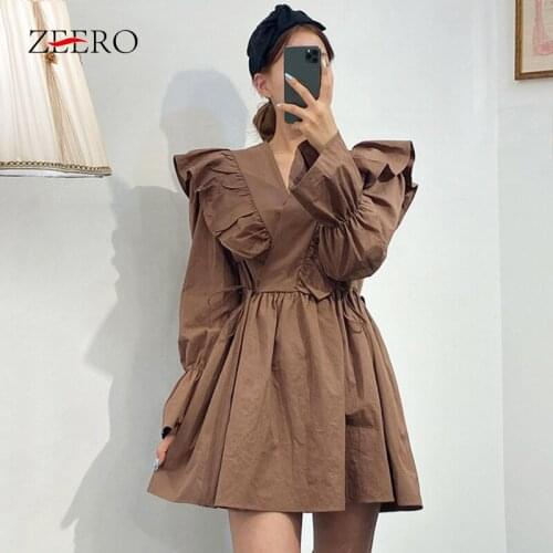 Korean Fashion Women Ruffles Mini Dress Elegant Long Sleeves V Neck Solid Girls Chic Autumn Spring Casual Woman Dresses Vestidos