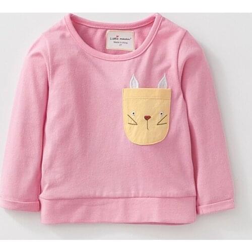 Little Maven New Autumn Spring Kids Clothing Solid Pink Cat Pockets Full- sleeved O-neck Cotton Girls Knitted Casual Tshirt