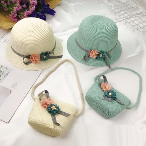 Cute Girls Straw hat Sun Hat +Should bag Handbag 2pcs sets For Tour Summer Kid Princess Floral Beach Hats For Party Outdoor