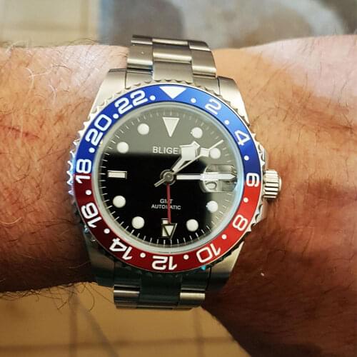 BLIGER GMT Men Wristwatch 40mm Case Date Funtion Rotating Bezel Mental Strap Sapphire Glass