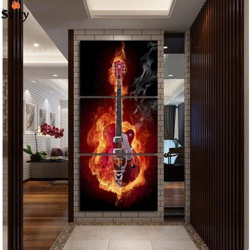 Music Art 3 Panel Wall Painting Modern Home Decors Black Burning Guitar Pop Art Pictures Decoration On Canvas Painting Printed