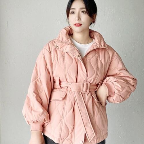 2021Winter New Style Stand-up Collar Temperament Commuter Short Pink Belt Trendy Cotton Jacket