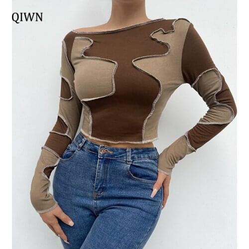 Autumn 2021 Brown Long Sleeve Woman Tshirts Contrast Patchwork Aesthetic E Girl Baby Tee Cropped Slim Basic Streetwear