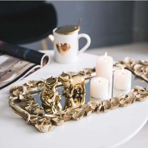 Rectangular Ginkgo Leaf Tray,Retro Carved Golden Plate Mirror Dessert Table,Round Jewelry Display Holder