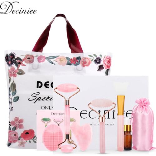 Jade Roller Gua Sha Set Facial Massager Tools Real Natural Rose Quartz Jade Roller for Face Eye Neck Skin Care Tool Gift Bag Box