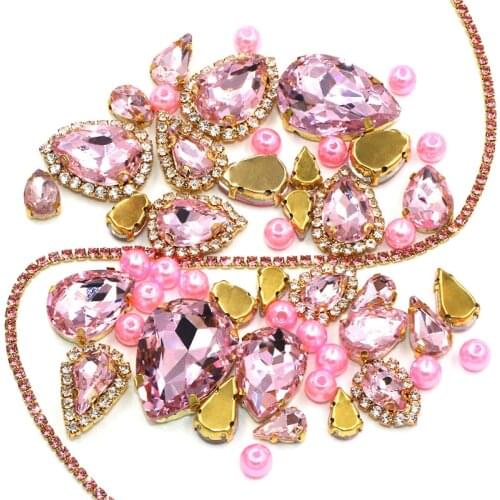 Wedding Decoration gold base Pink Mix size Glass Crystal Stones Pearl Beads Cup Chain Rim Rhinestones Sew On Clothing/Dress