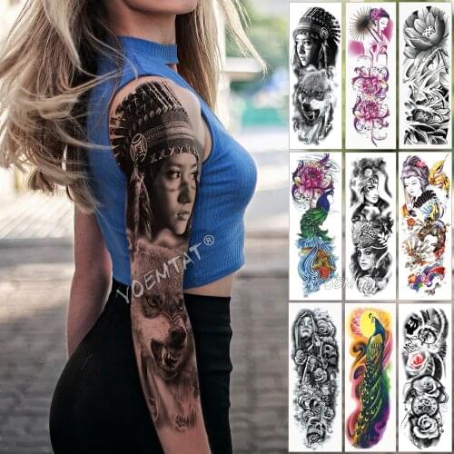 Large Arm Sleeve Tattoo Indian wild girl Waterproof Temporary Tattoo Sticker Forest Wolf Men Full Cloud Tattoo Body Art Women