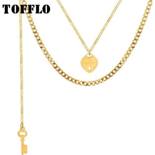 TOFFLO Stainless Steel Jewelry Super Long Tassel Key Peach Heart Lock Double Layer Stacked Necklace Womens Fashion Chain P1021