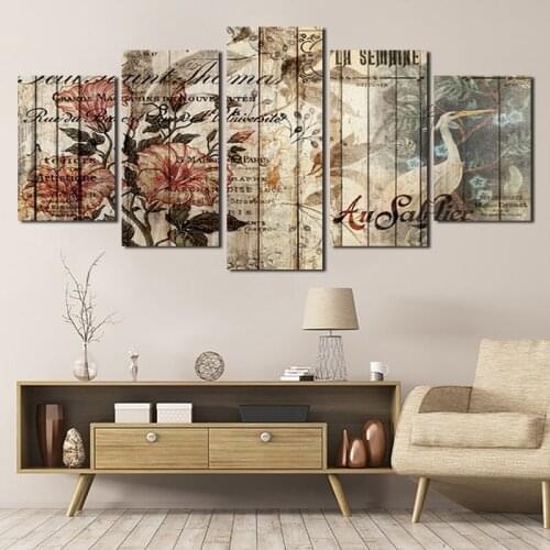Vintage Poster Flower Letter Crane Canvas Painting Picture Hd Printing Five Pcs Home Decor Wall Art for Living Room