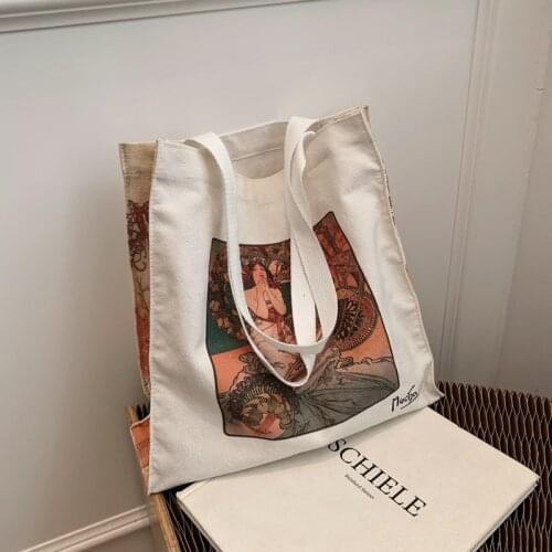 Large Capacity Canvas Womens Shoulder Bag Retro Oil Painting Art Shopping Bags Convenient Open Handbags for Women 2021