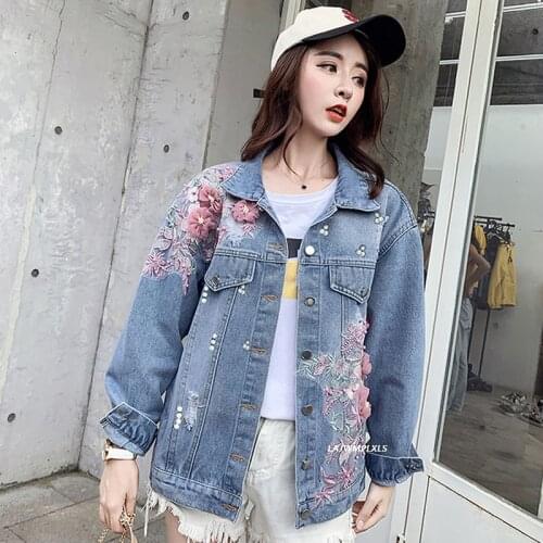 2021 New Spring Women Jeans Jackets denim coat Pearl Beading Crop Embroidery flowers Female Vintage Casual Outwear