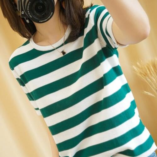 2020 summer new cotton t-shirt female loose round neck Korean half-sleeved sweater striped thin bottoming short sleeve