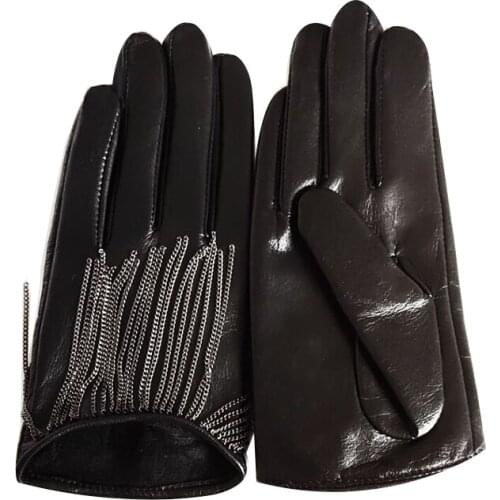 Womens fashion tassel genuine leather glove black touch screen sheepskin gloves plus velvet thick warm