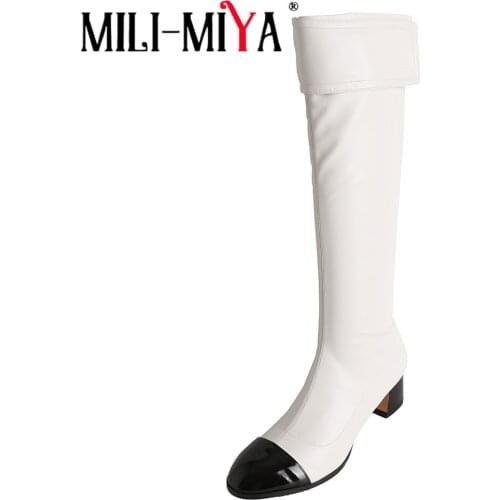 MILI-MIYA Simple Women Fashion Knee High Boots Zip Soft Leather Slim Patchwork Round Toe Block Heels Handmade Dress Prom Shoes
