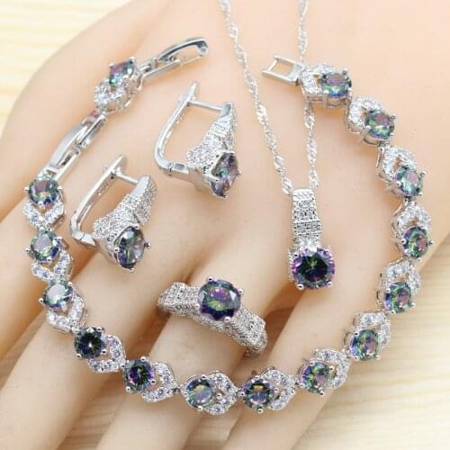 Rainbow Black White 3 Colors Silver Color Jewelry Sets For Women Necklace Pendant Earrings Ring Bracelet Free Gift Box
