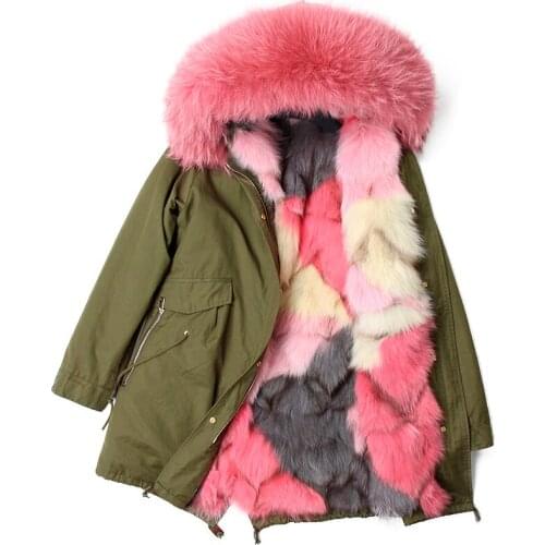 2018 real fur coat Winter Jacket Women Coat Real raccoon Fur collar fox fur liner loose long Parka Streetwear Outerwear