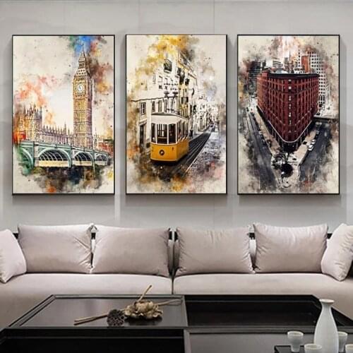 Watercolor Landscape London City Big Ben Canvas Painting Nordic Abstract Building Wall Art Modern Posters and Prints Home Decor