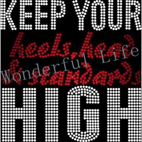 Free shipping red with white keep your high hot fix motif iron on crystal transfers design