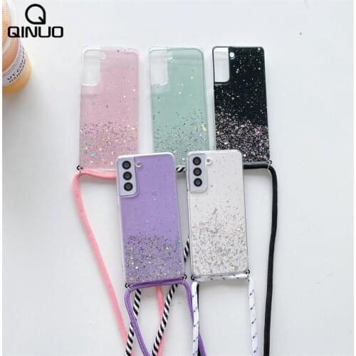Glitter Clear Crossbody Lanyard Case For Samsung S21 S20 FE S10 E S9 S8 Plus Note 8 9 10 Pro 20 Ultra A12 A32 A42 A52 A72 Cover
