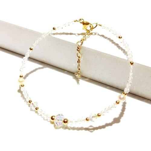 Lii Ji 2mm Clear Quartz Freshwater Pearl Austrian Crystal Sparkling Bracelet American 14K Gold Filled Bracelet 17+3cm