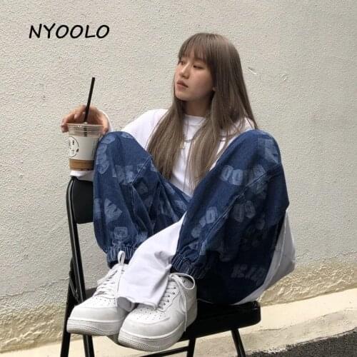 NYOOLO Vintage Streetwear Letters Graffiti Elastic High Waist Oversized Goth Washed Baggy Jeans Women Men Hip Hop Denim Pants
