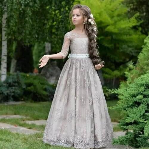 Gray Soft Lace Flower Girl Dresses 3/4 Sleeve Garden Weddings With Appliques Mesh Prom Dress Girls Princess Gowns Custom