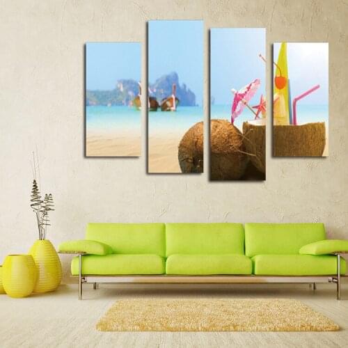 Sweet Style of Beach Art HD Painting Home Decor 4 Piece Canvas Art Oil Painting Wall Home Decoration No Frame