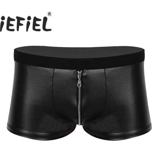 Fashion Male Mens Lingerie Shorts Wet Look Faux Leather Zipper Bulge Pouch Low Rise Boxer Shorts Underwear Underpants Panties