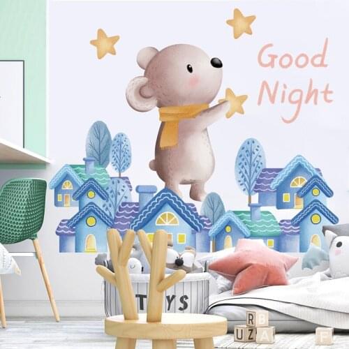 Cartoon Creative Wall Stickers Kids Room Decoration Aesthetic Warm Bedroom Wall Decor Good Night Town Self-adhesive Wallpaper