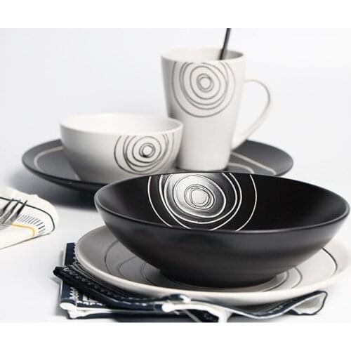 Ceramic Dinnerware Set Japanese Basso-relievo Flat Plate Soup Food Container Water Mug Rice Bowl Black & White Dinner Tableware