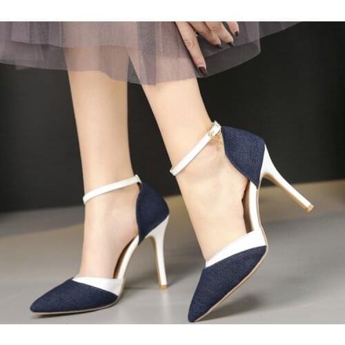 New sandals sexy pointed toe buckle stiletto heel sandals denim color matching small fresh and thin womens shoes