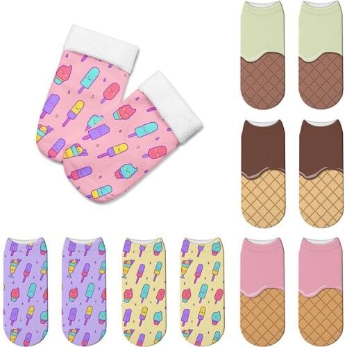 New Ice Cream Print 3D Women Socks Kawaii Ankle Femme Calcetines Mujer Girls Cute Food Funny Socks Happy Pink Lovely Calcetines