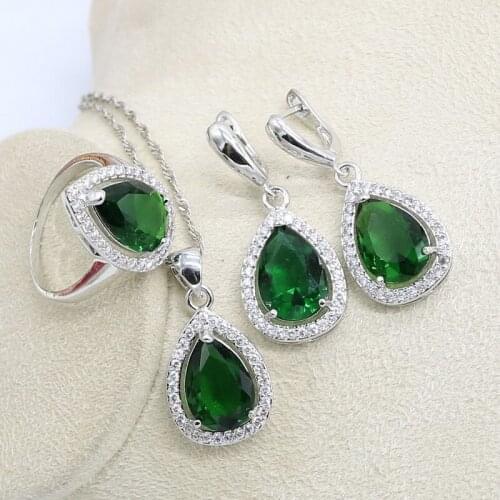 Silver Color Jewelry Charming Green Water Drop Jewelry Sets For Women Cubic Zirconia Necklace Earrings Rings Set