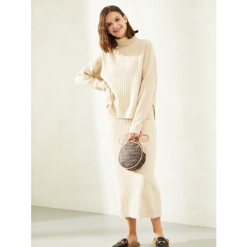 Autumn Winter 2020 New Thick Cashmere Sweater Women Over-the-knee skirt Two-Piece Set 100% Pure Cashmere Sweater Suit Women