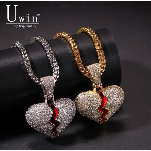 UWIN Drip Broke Heart Solid Necklace&Pendant Iced Out AAA Cubic Zirconia Trendy Rock Punk Hip Hop Men Jewelry For Gift