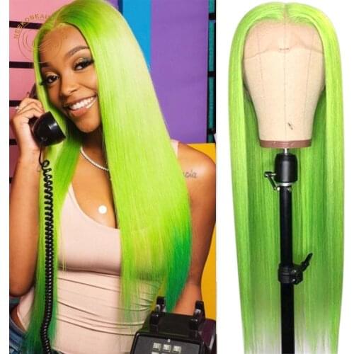 Lace Frontal Wigs Pink Lime Green Grey Blue Straight 13X4 Lace Front Wig 180% Density Colored Human Hair Wigs Brazilian Remy