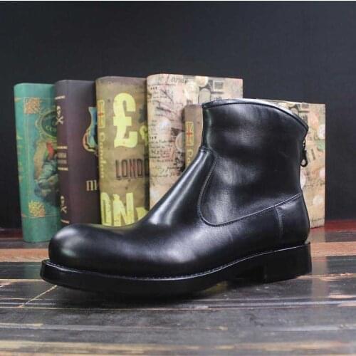 Sipriks Luxury Mens Cowboy Boots Black Leather Italian Bespoke Goodyear Welted Western Round Toe Zip Boots 2020 Winter Autumn 45