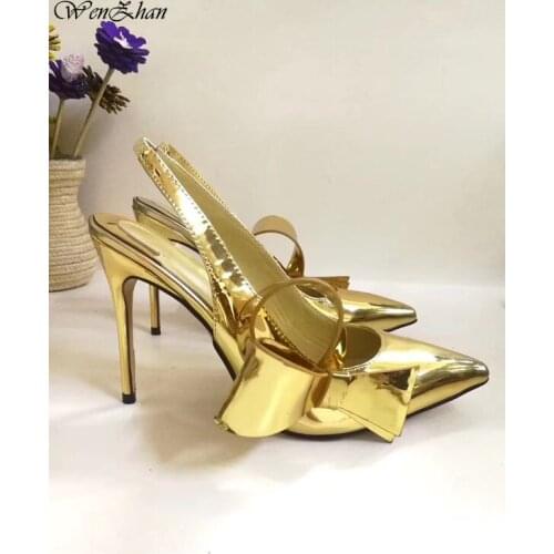 Gold High Heels Shoes Party Thin Heels Woman Shoes With Pretty Decoration Brand Pointed Toe Single Female Pumps WENZHAN A96-20