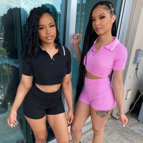 Knitting Ribbed Two Piece Short Set for Women Fall Clothes Short Sleeve Bodycon Outfits Button Crop Top and Shorts Co-ord Set