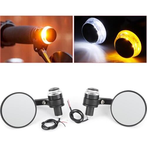 2pcs 22mm 7/8in Handlebar End Round Rearview Mirrors with LED Turn Signal Light Universal Glass + Aluminum for Motorcycle