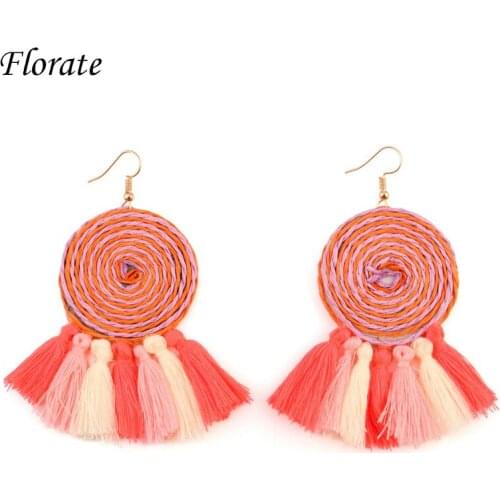 Handmade Chunky Tassel Pendant Rope Thread Bohemian Earrings for Women Statement Drop Ethnic Colorful Earrings Designs