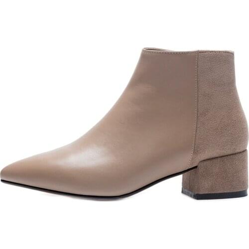 Genuine Leather stitched pointed Toe chunky Martin side zipper British retro short Chelsea Women boots