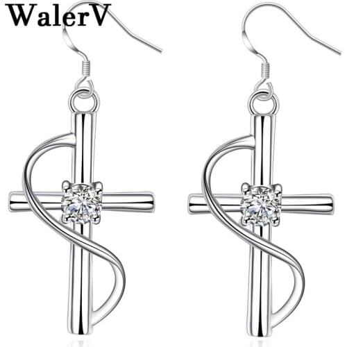 WalerV Silver Color Hook Earrings Fashion Long Cross Shape Stud Earring For Women Girl Christian Jesus Wedding Jewelry Gift