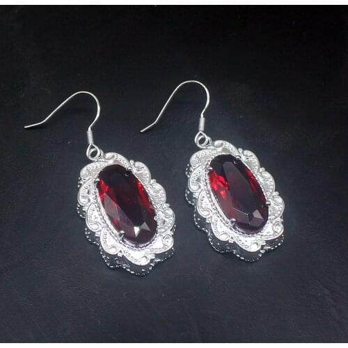 Gemstonefactory Big Promotion Single 925 Silver Fashion Red Garnet Dangle Drop Earrings Jewelry for Women Mom 20213753