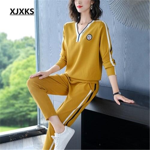 XJXKS New 2021 Women Elegant Fashion Two Pieces Suit Sets Female Stylish Plus Size Coat&Pant Sets Femme Sweatshirt Sweater Set