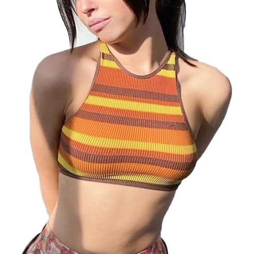 2021 Fashion Sexy Punk Goth Crop Tops Women’s Summer Striped Vest Top Black White Fashion Round Neck Sleeveless Slim Tank Top