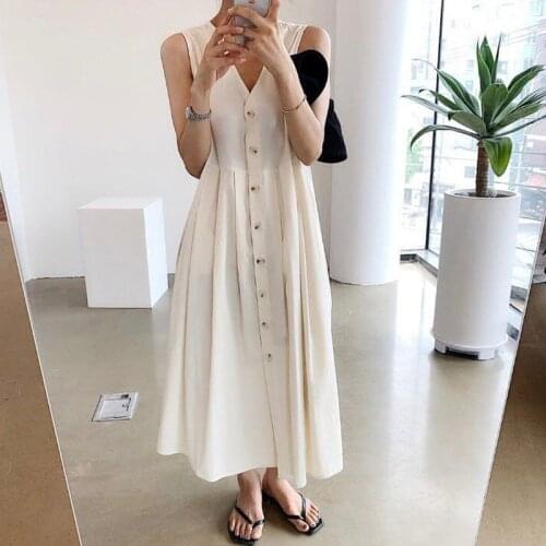 Johnature Women Vintage Shirt Dresses Button Sleeveless Solid Color Robes 2021 Summer New Female V-Neck Clothes A-Line Dresses